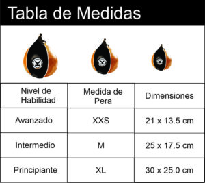 Tabla de medidas de peras de boxeo K17, mostrando tres tamaños (XXS, M, XL) con sus dimensiones correspondientes para diferentes niveles de habilidad: avanzado, intermedio y principiante.