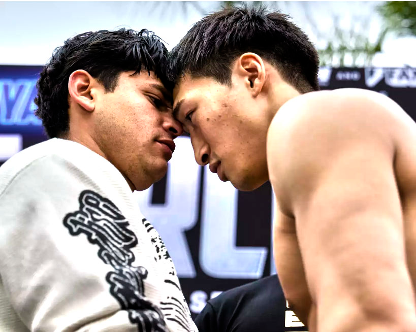 Ryan García Vs Rukiya Anpo cara a cara durante el pesaje previo a su pelea de exhibición en Japón