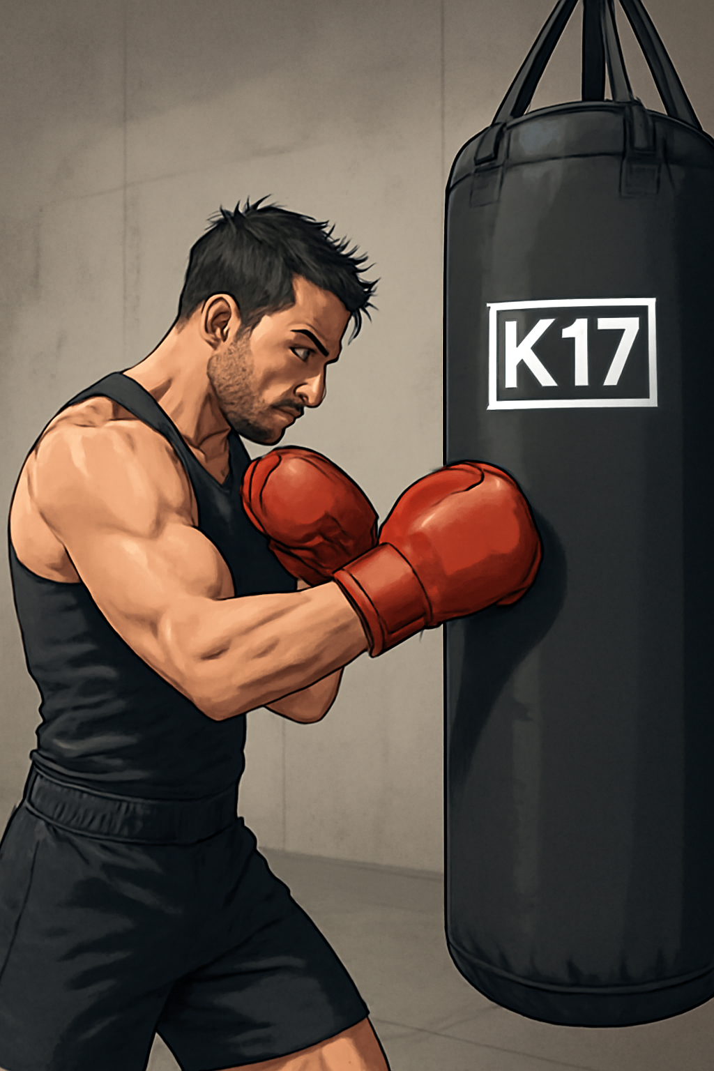 Boxeador entrenando con un saco de boxeo K17 grande y ancho, usando guantes rojos en un gimnasio, demostrando técnica y potencia en el golpeo.
