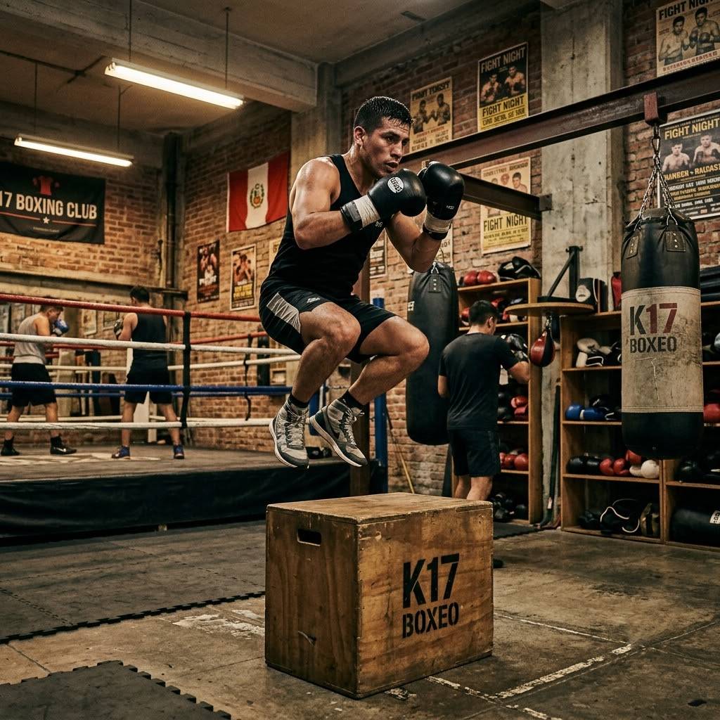 Boxeador realizando saltos pliométricos sobre un cajón de madera en el gimnasio K17 Boxeo.